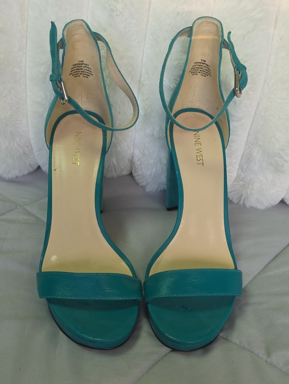 Nine West Teal Open-Toe Ankle-Strap Block Heels